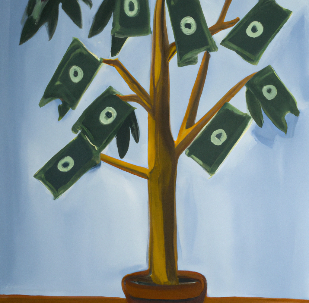 A tree with money for leaves, symbolizing an Artist contemplating financial strategies to support their creative journey.