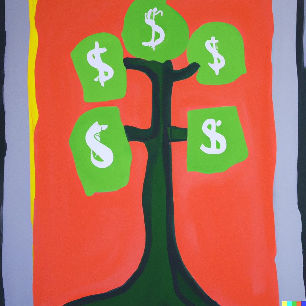 Money tree in an abstract Artistic workspace featuring budgeting tools, symbolizing financial management for artists.