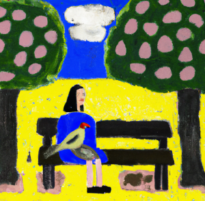 A woman in a park with trees and big birds, representing the idea of letting go of creative resistance