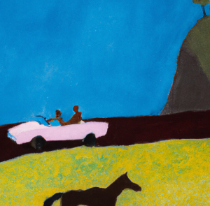 a person on a horse next to a car, representing the idea that Artists are pioneers of society