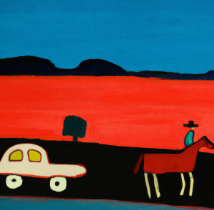 a person on a horse leading a car on the road, representing the idea that Artists are the trailblazers of humanity