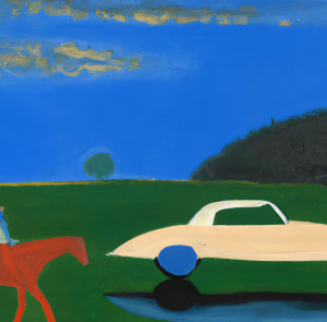 a person on a horse leading racing a car in a field, representing the idea that Artists are the leaders of culture