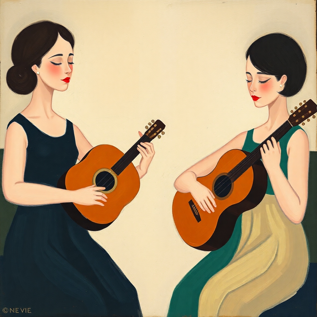 Two women playing guitars together, representing How Music encourages mindfulness, for depression and anxiety