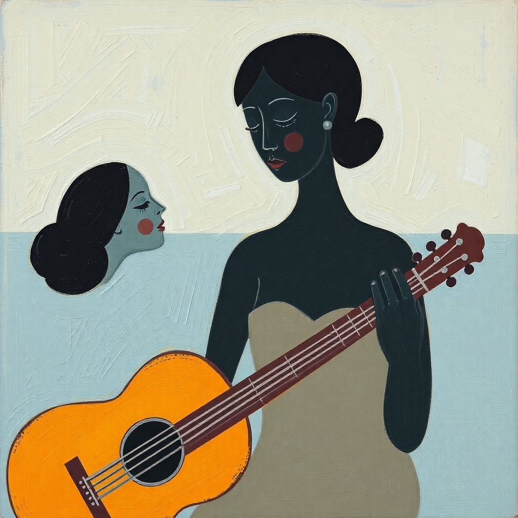 Two joyful women playing guitar in a blue room, representing the idea that music can heal our depression.
