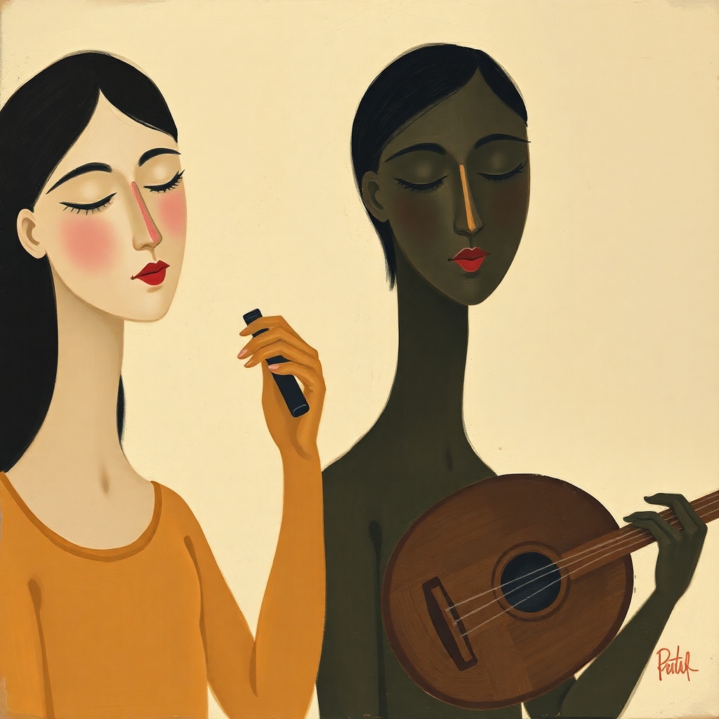 Two women in a room, with a lute, symbolizing how music helps to manage pain, and calm anxiety.