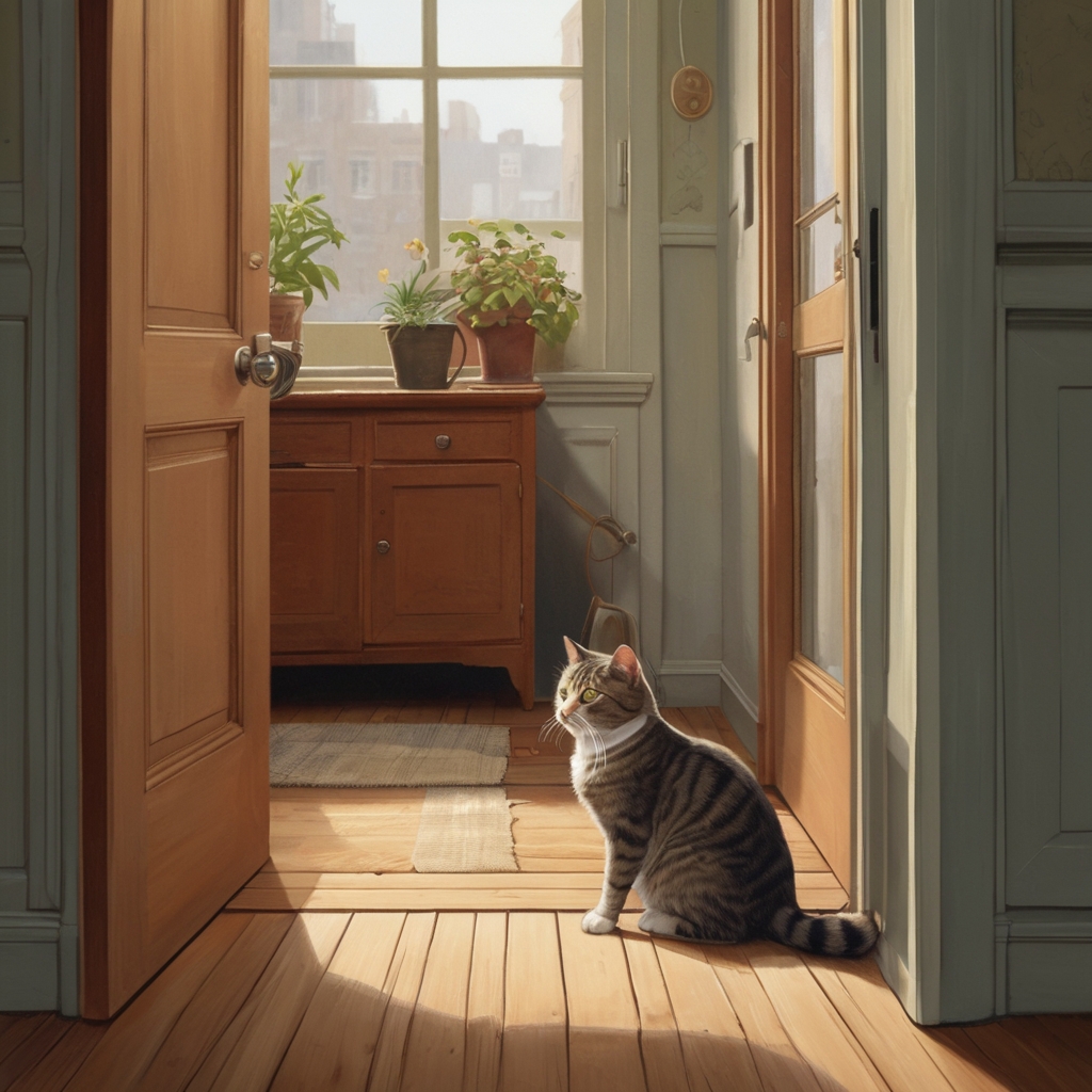 A cat sitting in a doorway, representing how creative inspiration can come or go like a cat in a house