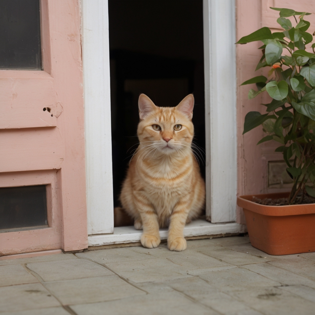 An orange cat resting in a small doorway, as if to pounce on someone like how creative inspiration can come suddenly without warning.