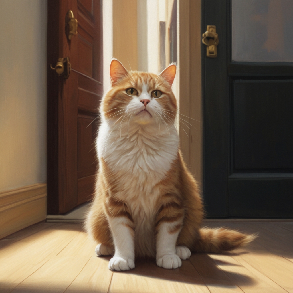 An orange cat in a room, looking inspired by some unknown cause.
