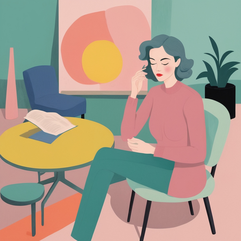 A woman artist in a chair looking pensive, looking like she is dealing with artist burnout.
