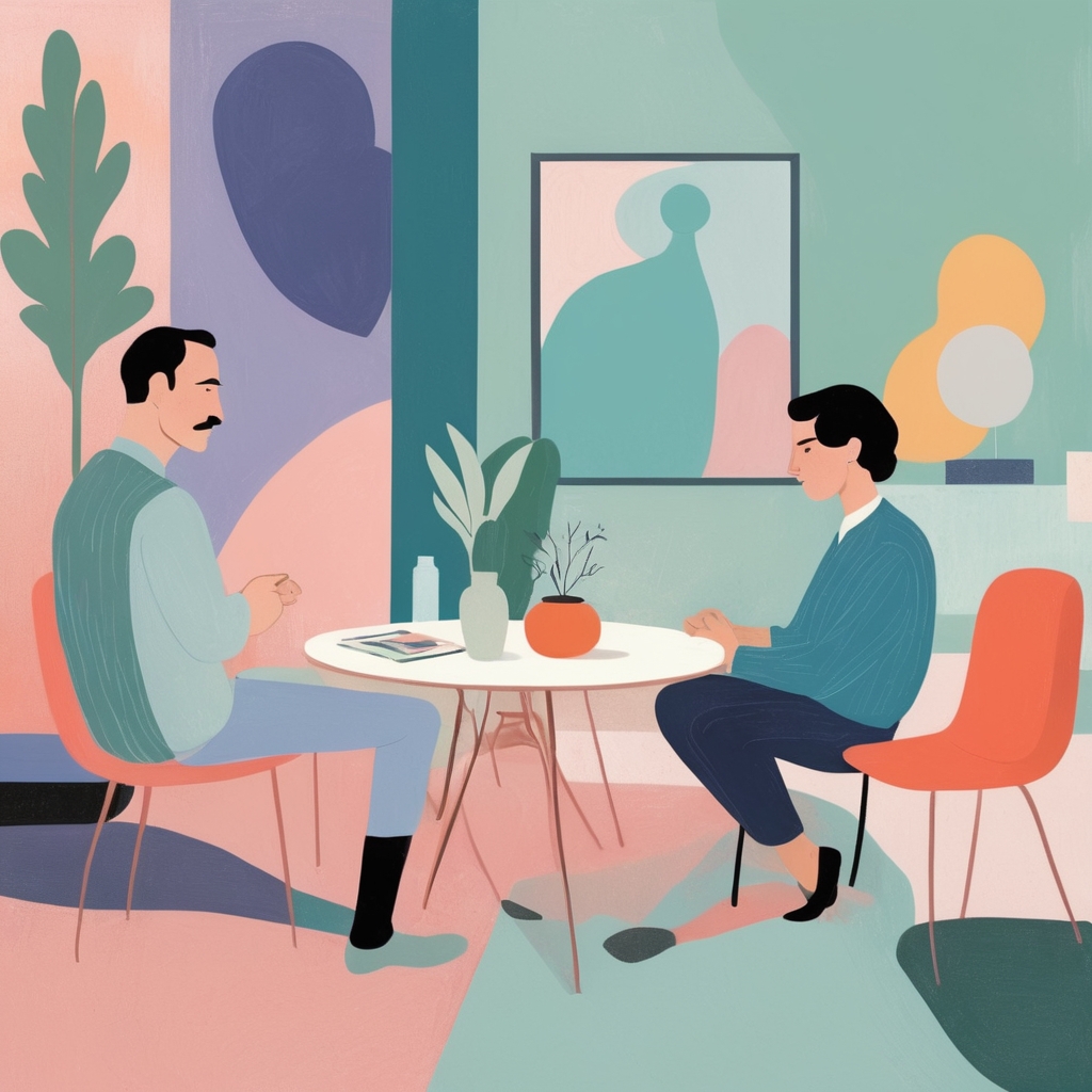 A couple sitting at a table, talking about the Cultural Conditioning of artists in the 21st century