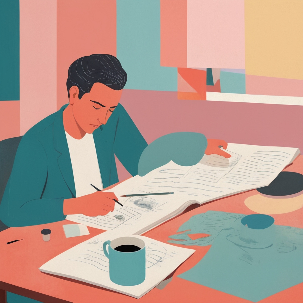 a man in a chair at a desk painting