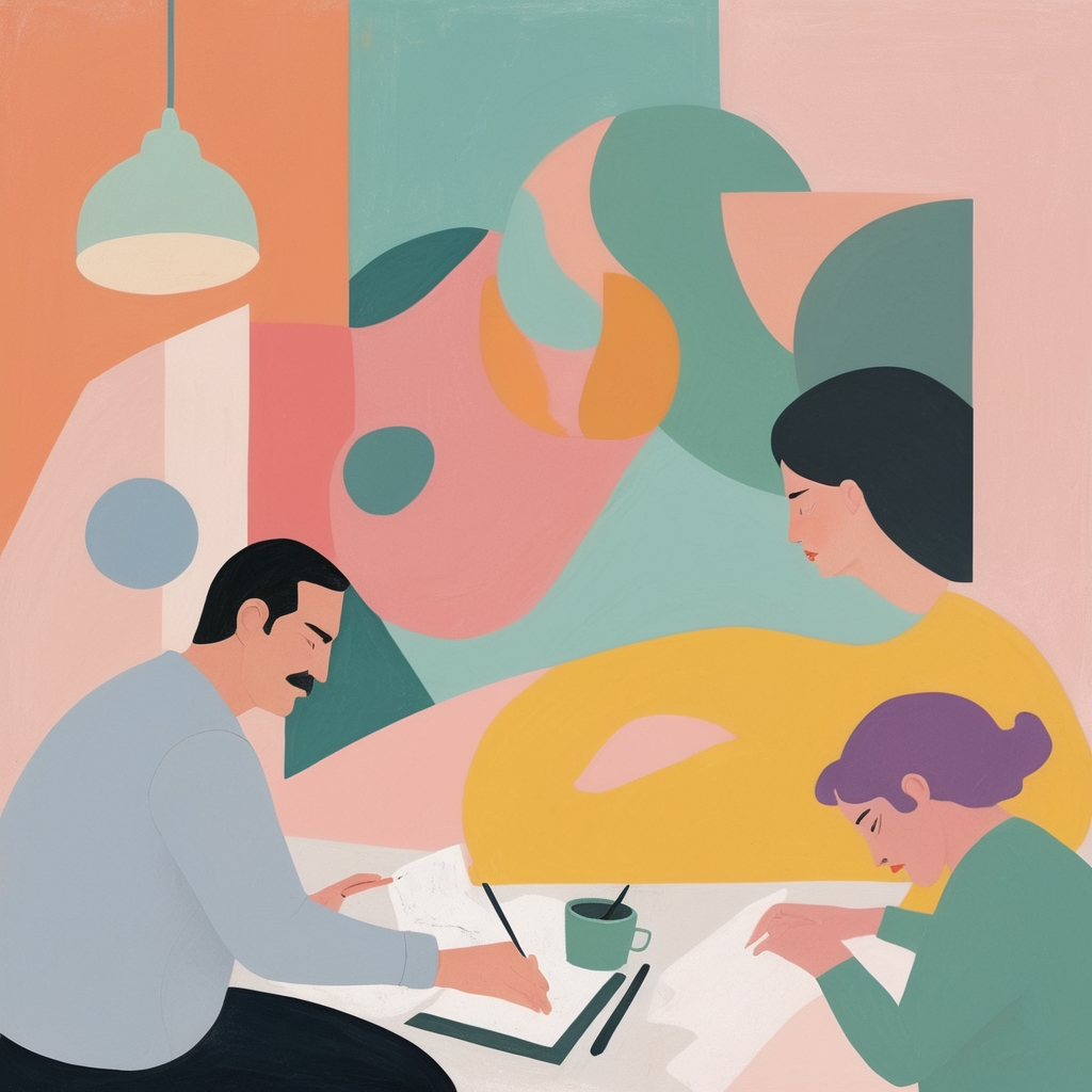 Two women and a man working on their art, suggesting the problems artists can experience.