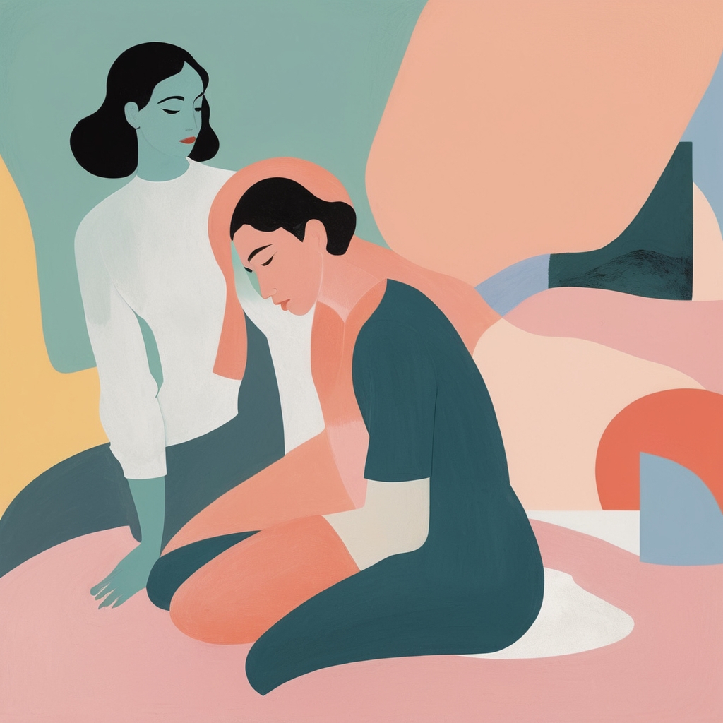 Two women consoling each other, discussing how creative practices are powerful tools for emotional healing.
