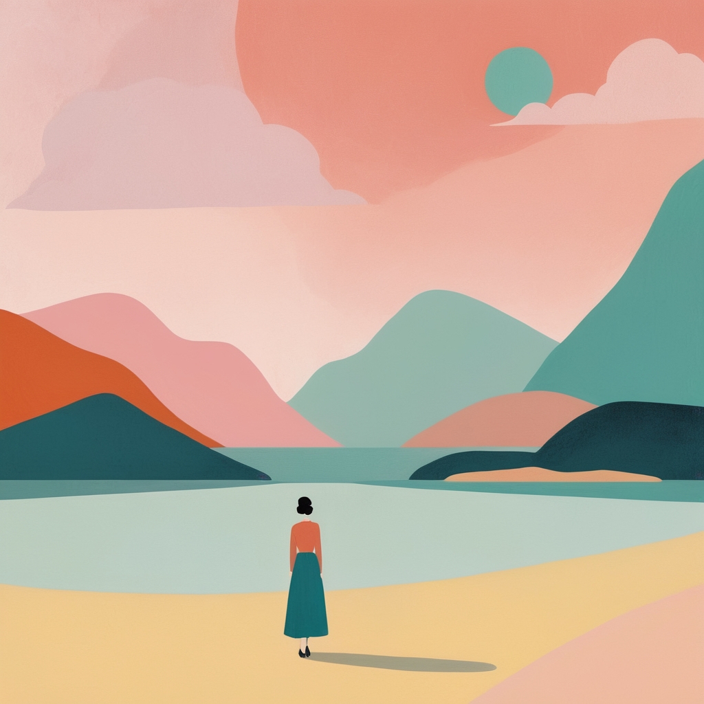A woman standing by a like, looking solitary and pensive.