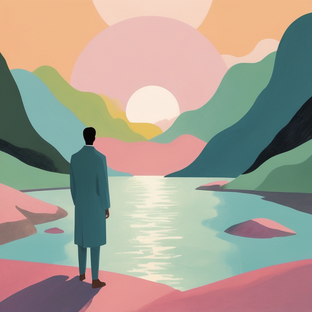 A man standing by a like, looking at the sun, letting his elusive emotions dissolve.
