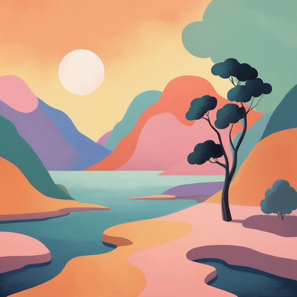 A beautiful, colorful lake scene, symbolizing a bright future after easily dissolving one's emotions. 