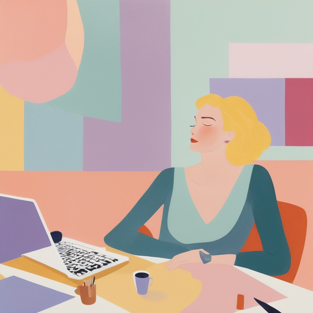 A woman appearing to dissolve her negative emotions while working at a desk.