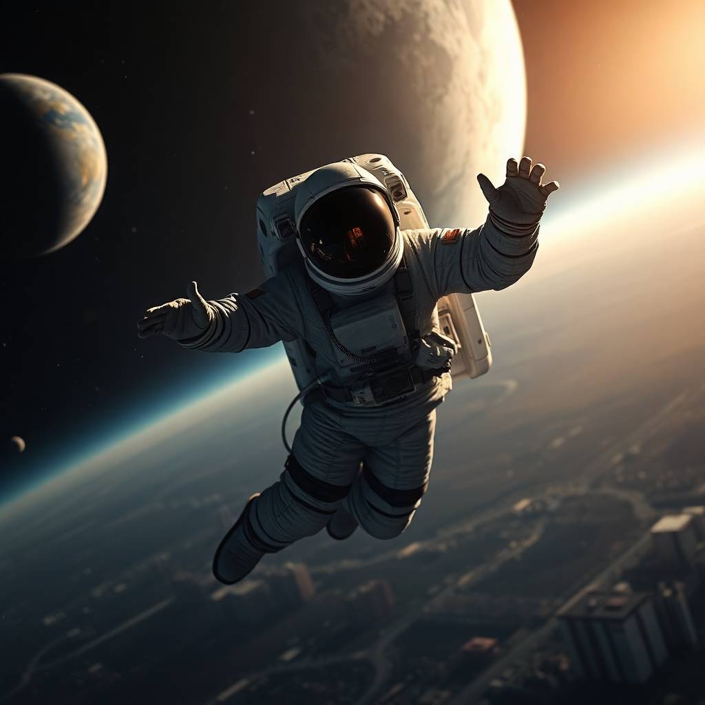 A space man in space, looking slightly out of control, symbolizing the Slightly Chaotic But Totally Essential Steps to Becoming a Successful Artist.