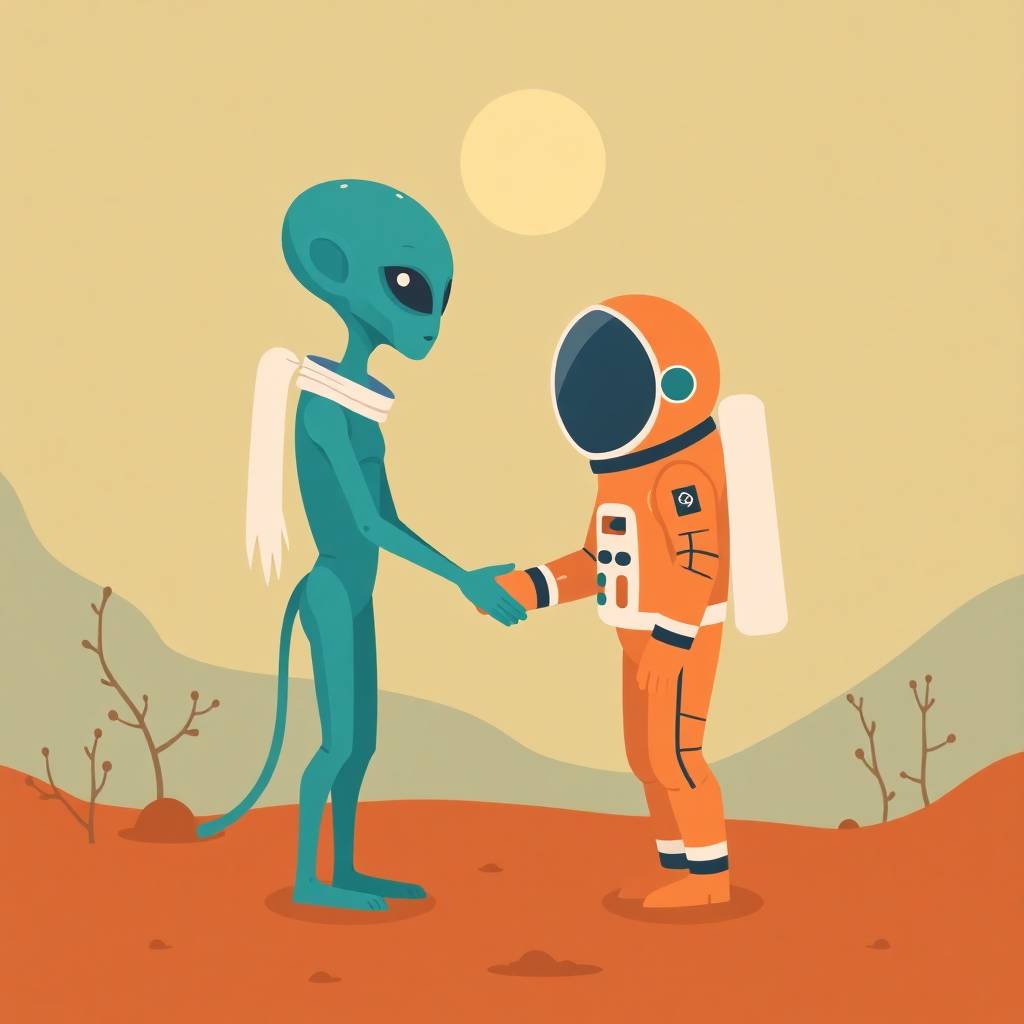 A cartoon painting of an alien and an astronaught, humorously depicting the concept of art critique, and What Critique Can Do for Artists