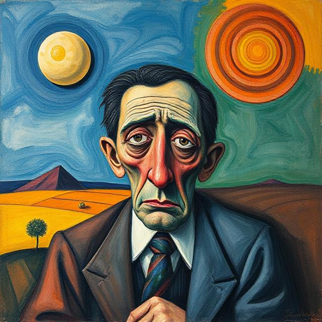 A colorful painting of an artist man, who looks very depressed, represening someone who could use Coping Strategies for Artists –Mental Health for Artists Tips