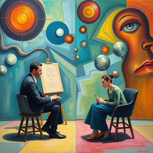 Artists contemplating their work, illustrating the introspective aspect of visual artist coaching
