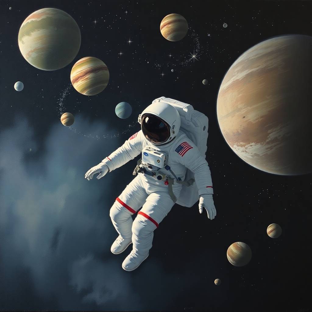 a man floating among the planets, symbolizing how to Build the Artist’s Mindset with Grit, Guts, and Gumption.