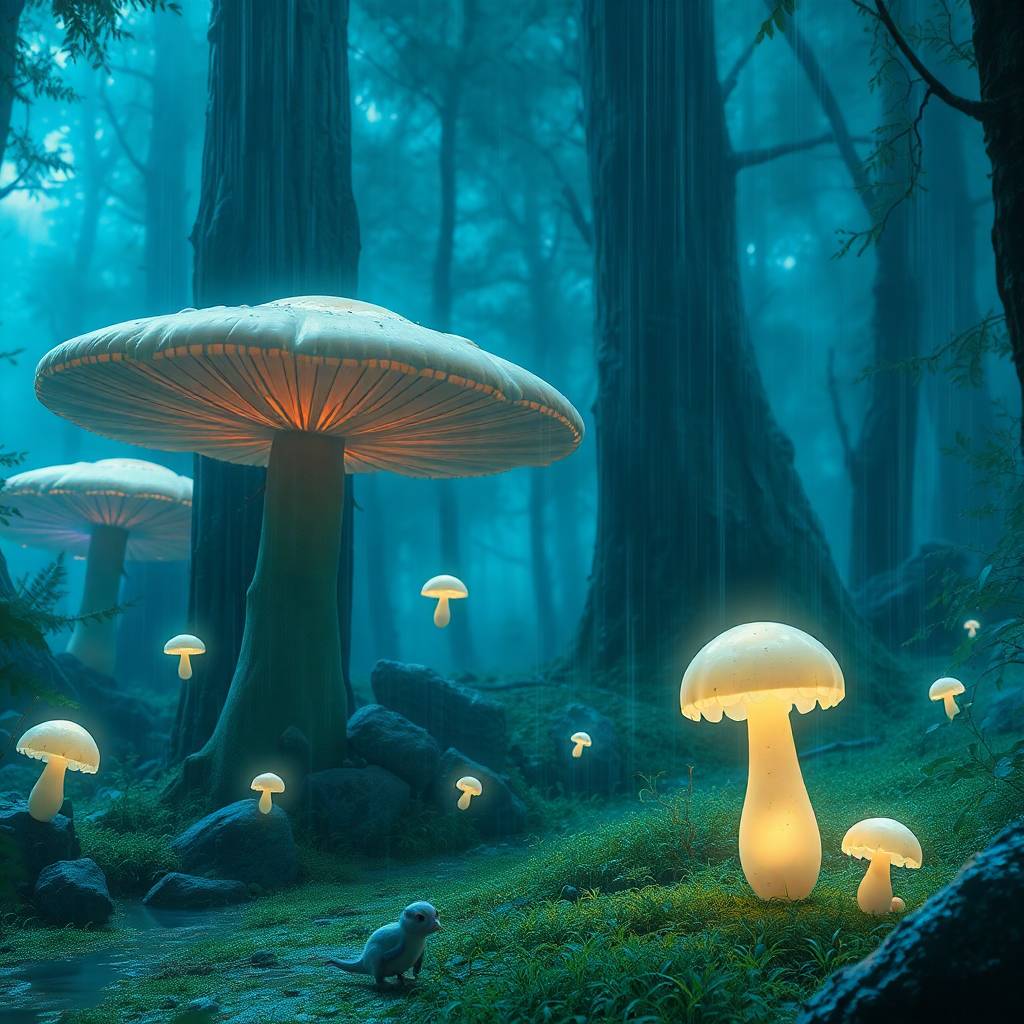 A forest where Hermes Trismegistus - Patron Saint of Cosmic Creatives - might have lived, with glowing, cosmic mushrooms all around.