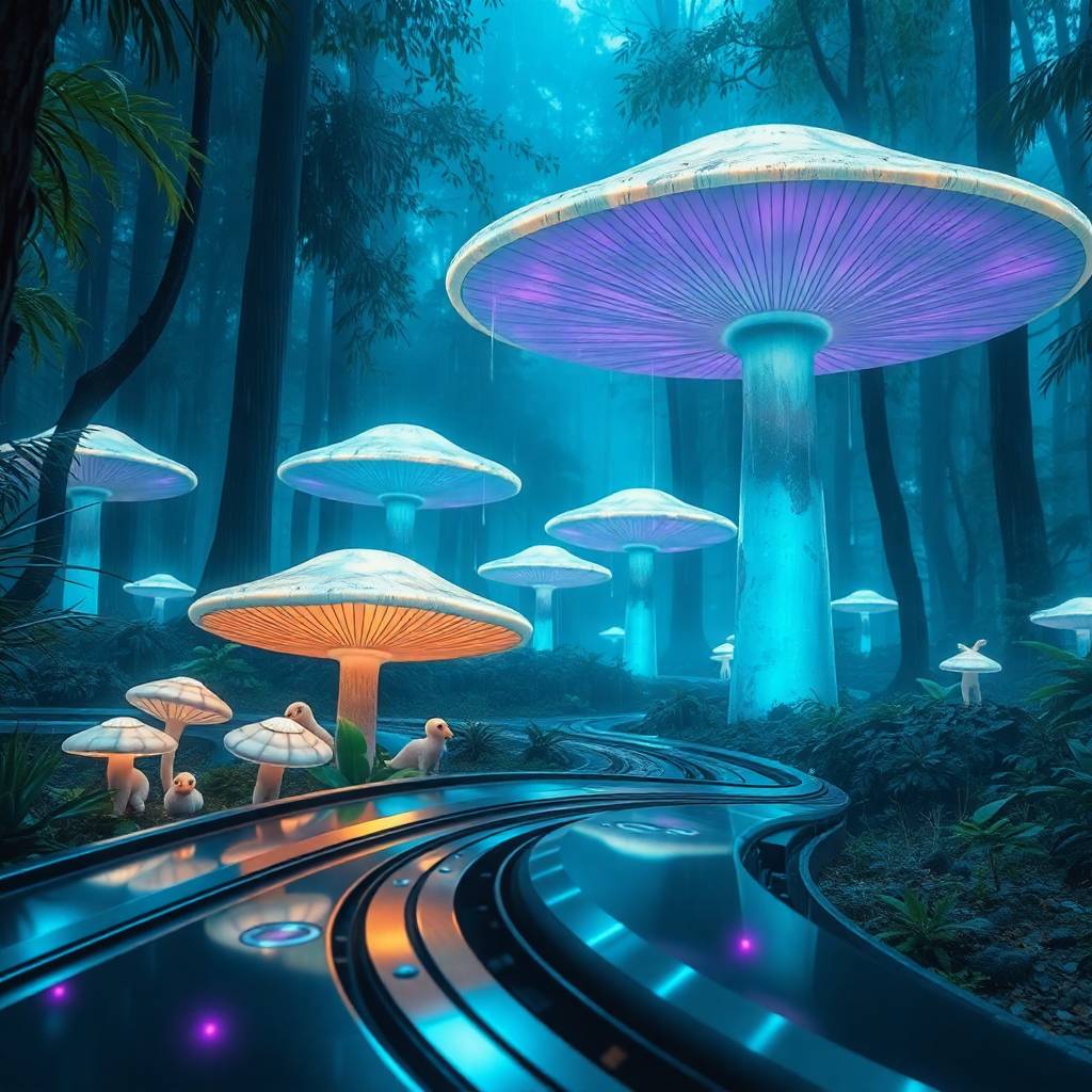 An image of a surreal, futuristic highway running through a magical forest with great big mushrooms colored in purple and orange light. It suggests the idea of Practical Alchemy for Artists (How to Be a Modern Hermetic Wizard with a Paintbrush)