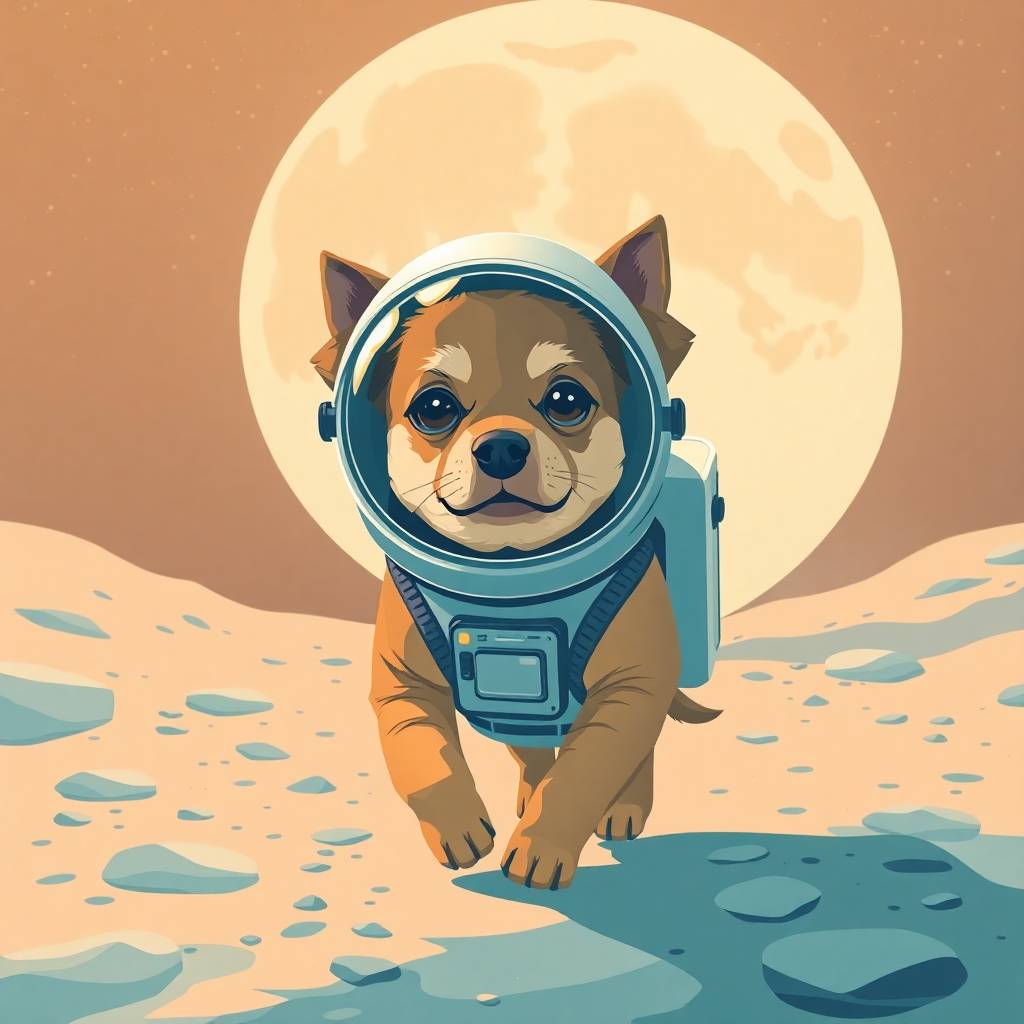 A painting of a dog in a space suit, on a moon like surface — a humorous take on the subject of Storytelling for Artists - How to Talk About Your Art Without Falling Asleep Mid-Sentence