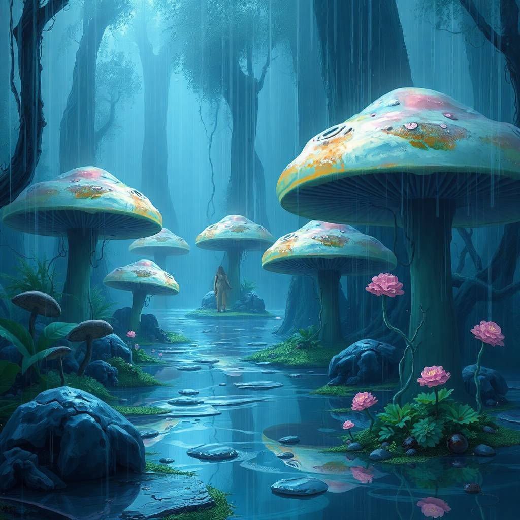 A dark, jungle like forest with rain and mushrooms, suggesting The Seven Hermetic Principles (aka, The Cosmic Rules of Making Art)