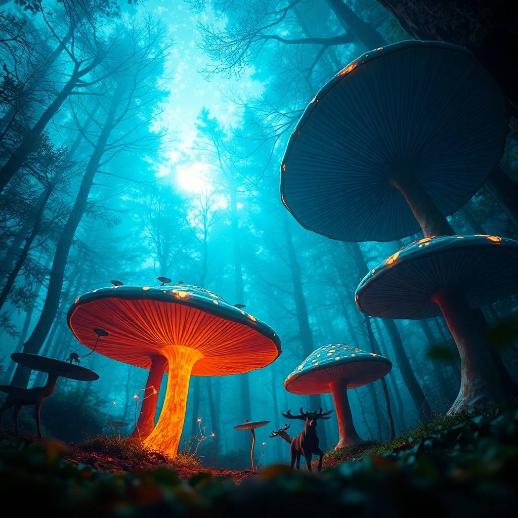 An image of a blue lit dark forest, with big, magical mushrooms and deer standing below them. It suggest that: You Are the Philosopher’s Stone.