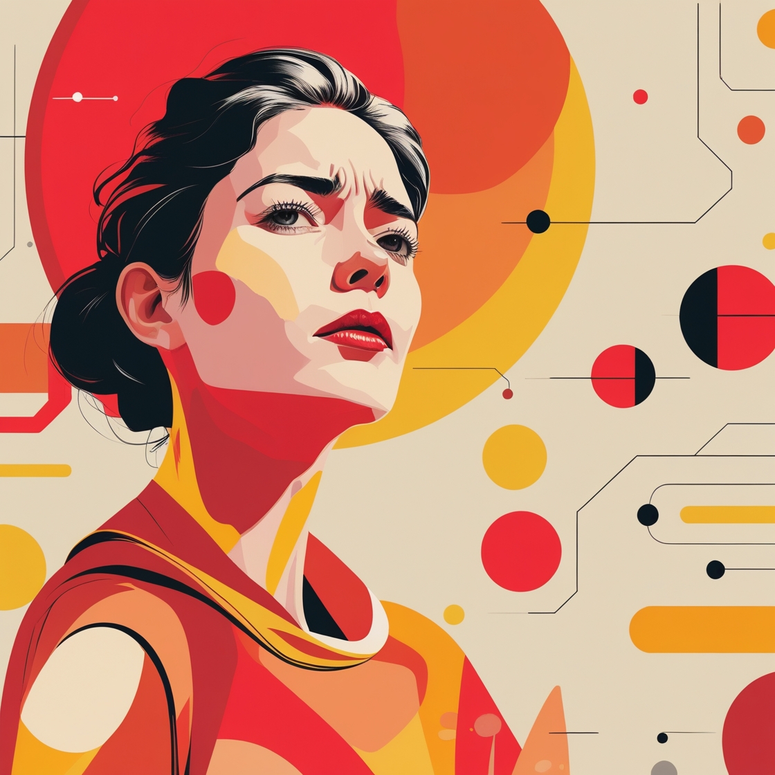 a woman looking up with a red circle and dots, reflecting the idea of being uncomfortable