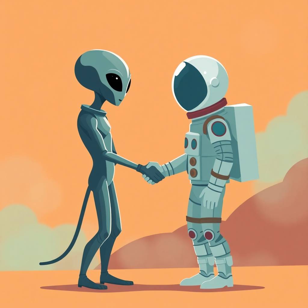 A cartoon painting of an alien and an astronaught, humorously depicting the idea: How does critique affect art? - how to handle the critic for an artist