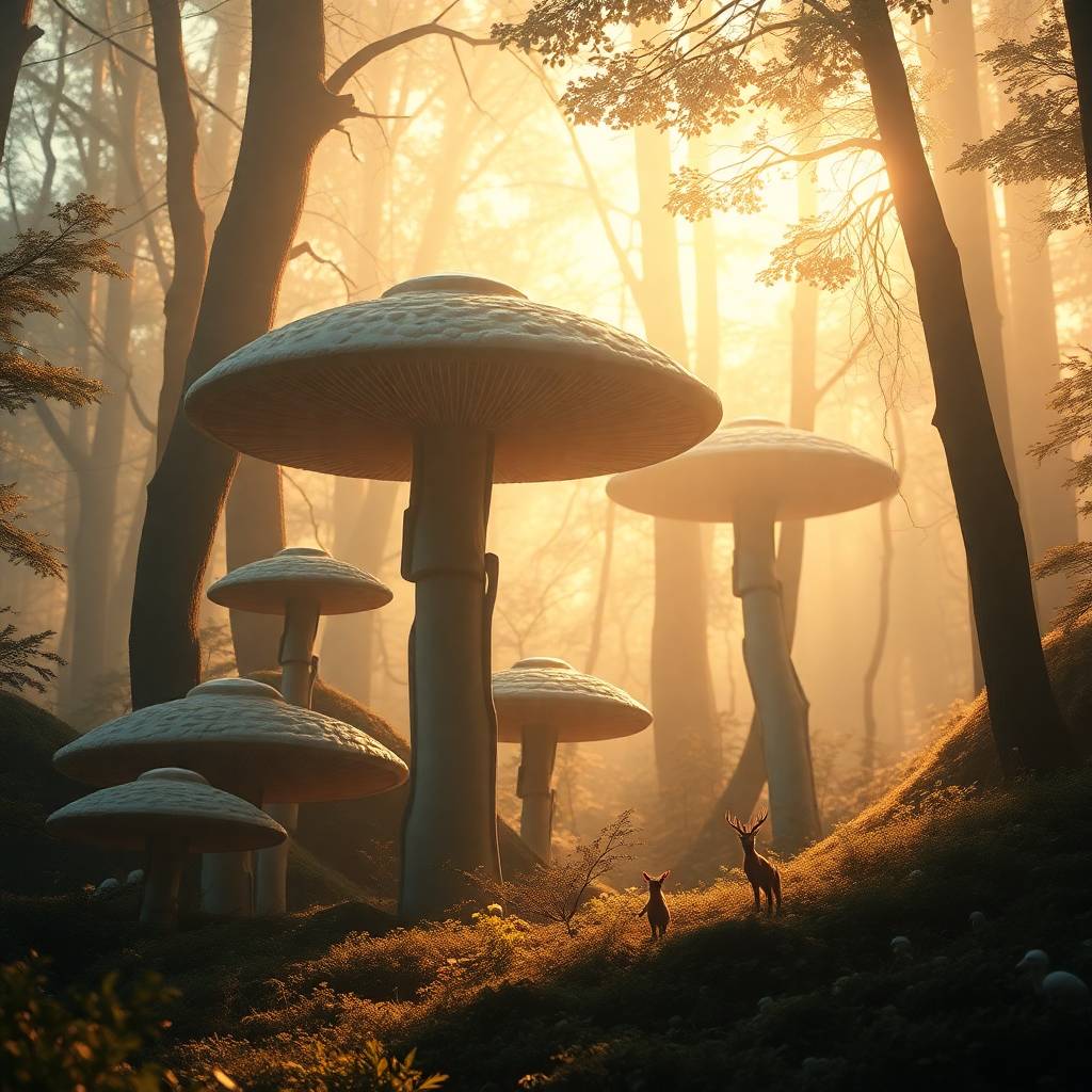 spiritual alchemy — the ancient, mysterious transformation of the human spirit through the crucible of creative expression. This is an image of a magical forest with gian mushrooms towering above the wildlife.